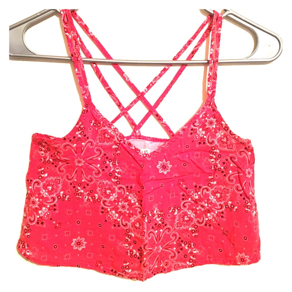 Red bandana print cross back crop tank.